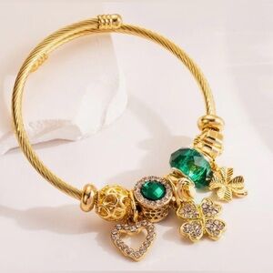 ILU Stainless Steel Gold Plated Love Clover Adjustable Charm Bracelet New